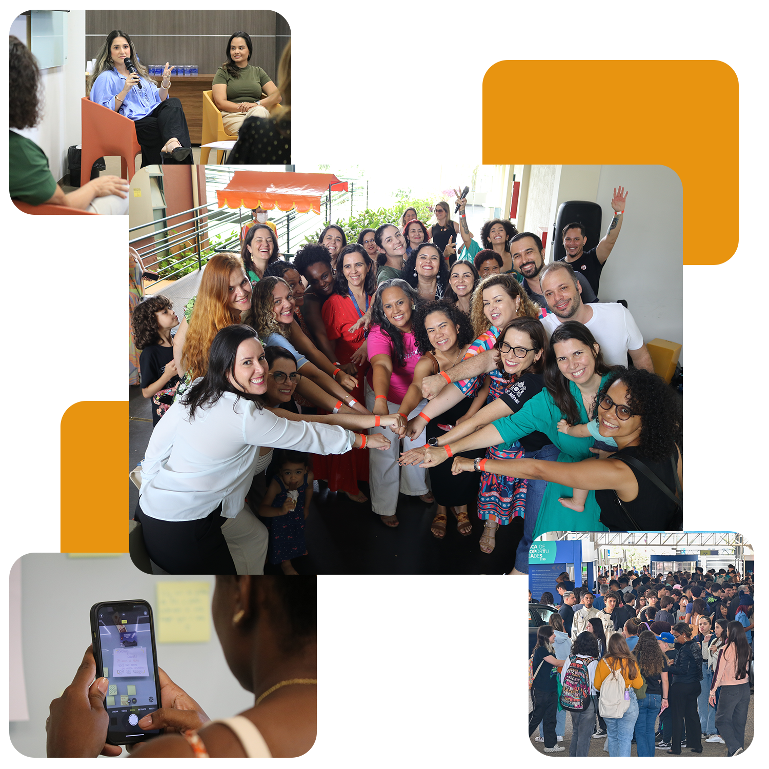 Montagem com fotos de eventos da PUC Carreiras com a presença de egressos